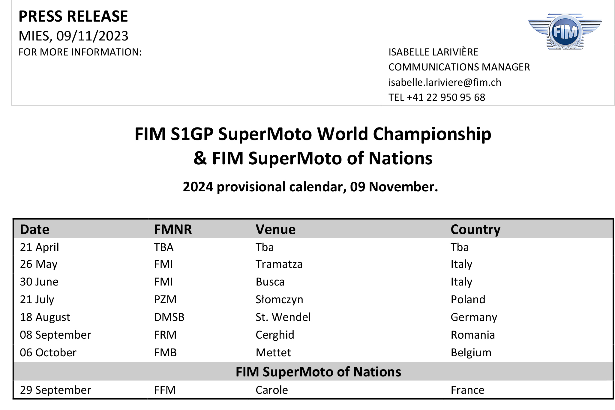 FIM S1GP SuperMoto World Championships - 2024 provisionnal calendar, 09 October mic